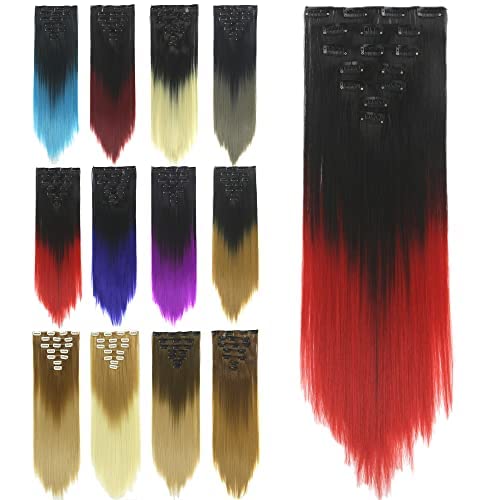 IMISSU 24 Inch 7PCS Set Long Straight Clip in Hair Extensions Ombre Color Full Head Hair Extension Hairpiece for Women 120g (Ombre Red)