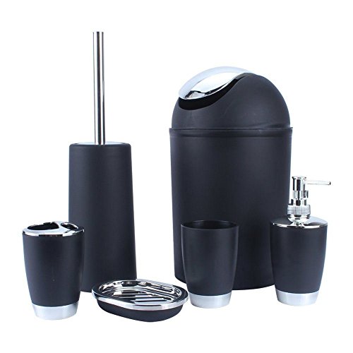 Zuvo 6 Pcs Plastic Bathroom Accessory Set Luxury Bath Accessories Bath Set Lotion Bottles, Toothbrush Holder, Tooth Mug, Soap Dish, Toilet Brush, Trash Can, Rubbish Bin (Black)
