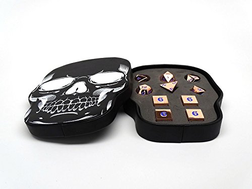 Rose Gold Metal Polyhedral Dice Set - Electric Blue Numbering - 10 Piece Collection with Skull Case