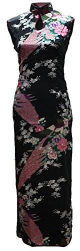 7Fairy Women's Silk Black Keyhole Peacock Long Chinese Dress Qipao