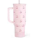 SANDJEST Cherry 40oz Slider Tumbler with Handle and Straw - Insulated Stainless Steel Travel Coffee Mug for Women Girls, Gift for Birthday Christmas