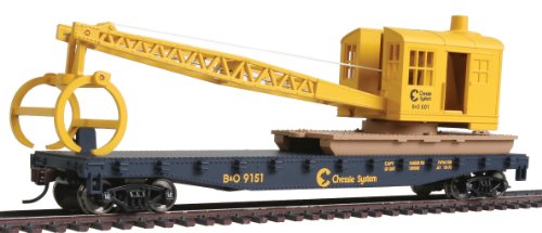 Walthers Trainline Flatcar with Logging Ready to Run Crane - Chessie/Baltimore and Ohio 9151, Blue and Yellow