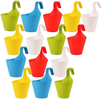 Maanit Plastic Hook Hanging Pot, Multicolor Pack of 15 Plant Container Set (Pack of 15, Plastic)