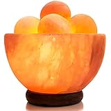 UMAID Natural Himalayan Rock Sea Salt Lamp Bowl With 6 Heated Salt Massage balls, Stylish Wood Base, Bulb With Dimmable Switch UL-Listed Cord
