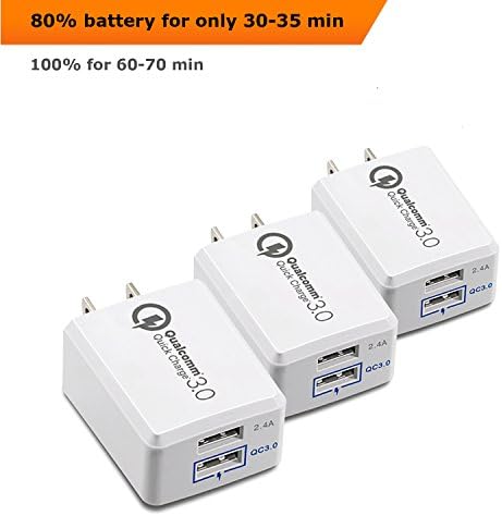 USB Wall Charger Quick Charge 3.0, Dual Port, QC 2.4A Qualcomm, Fast for Travel (3-pack)