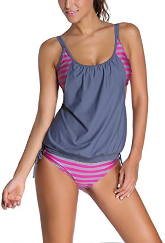 UXELY Sporty One Piece Swimsuits for Women,Lady Double up Tankini,Grey Purple L