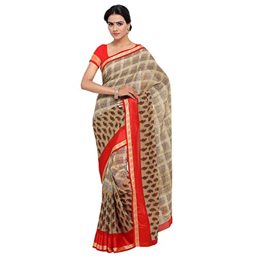 Triveni Indian Women's Beige Faux Georgette Printed Saree