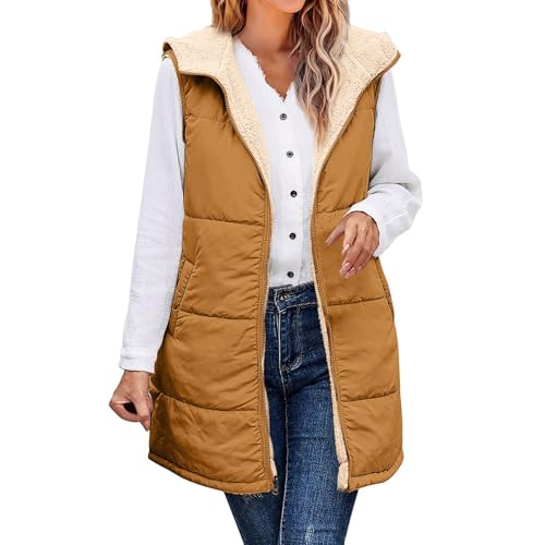 Women's Long Gilets Zip Up Sleeveless Puffer Coat Vest For Women Uk Winter Thickened Fleece Jackets With Hood Warmth Comfortable Ladies Parka Tank Top Solid Waistcoat Bodywarmer Hooded Gilet