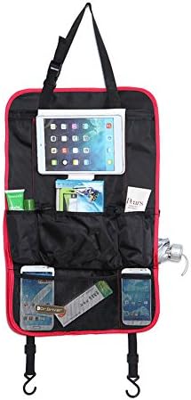 Foldable Durable Car Backseat Organizer Multi-pockets Car Seat Back Storage Bag Mesh for Storing Phone iPad Android Tablet Soft Drinks Snacks ect (Black+Red)