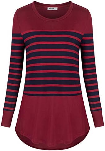Dimildm Women's Round Neck Long Sleeve Cotton Tshirts Casual Striped Tunic Tops