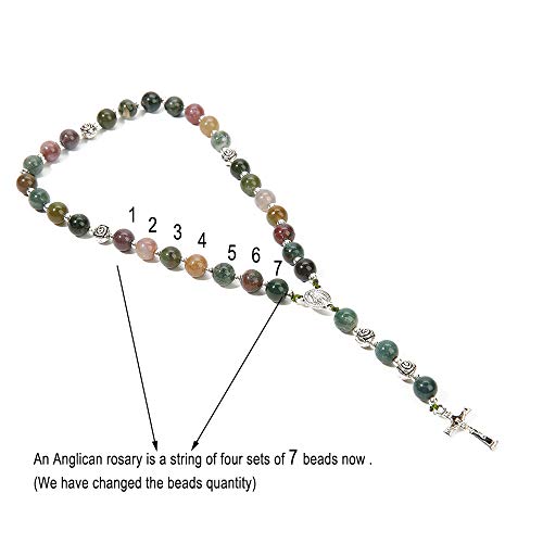 BALIBALI Handmade 8mm Anglican Prayer Beads Rosary Jade Natural Stone Rosary Beads with Pardon Crucifix Cross Custom Rosary (Silver(India Agate))