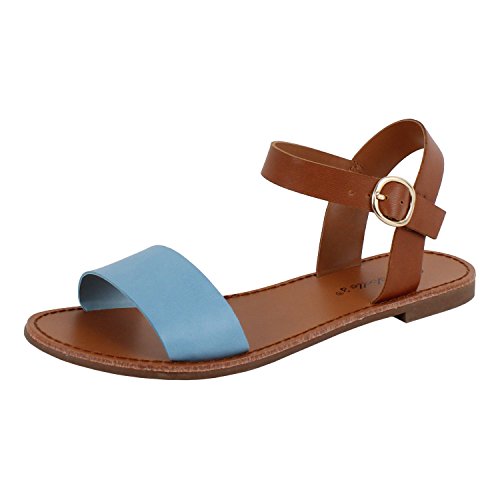 Womens Open Toe Ankle Strap One Band Comfort Flat Buckle Flats-Sandals (7.5 M, Light Blue Pu)