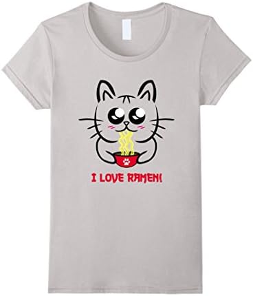 Womens Kawaii Japanese Anime Cat I Love Ramen T-Shirt Medium Silver
