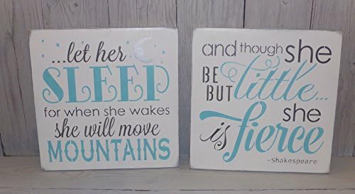 Though She Be But Little and Let Her Sleep Painted Wood Signs (set of 2) for Girls Aqua and Grey Nursery Decor 12" X 12"