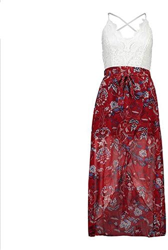 Ygosoon 2018 New Sexy Print Lace Summer Dress Strap deep v Neck high Waist Beach Dresses Women Slit Long Dress red M