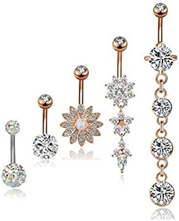 KARAY 6PCS 14G 316L Stainless Steel Dangle Belly Button Rings for Women Navel Rings Curved Barbell Body Piercing (Rose)