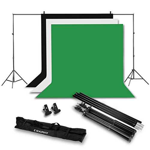 CRAPHY Photo Video Studio 10 x 6.5ft Background Stand Kit Photography Support System with Muslin Cotton Backdrop (Green Black White, 9ft x 6ft) and Carry Bag