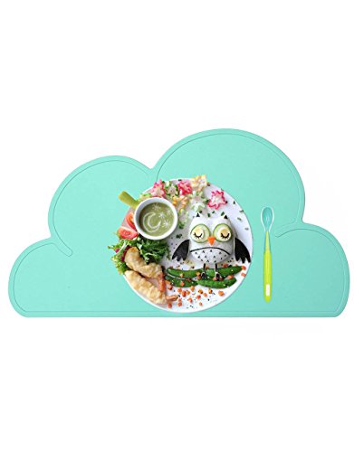 Silicone Baby Placemat - Kids Reusable Travel Placemat Tiny Diner Portable Roll Up Non Slip Washable Restaurant Food Meal Mat for Toddler Child infant high chair including spoon (Light Teal)