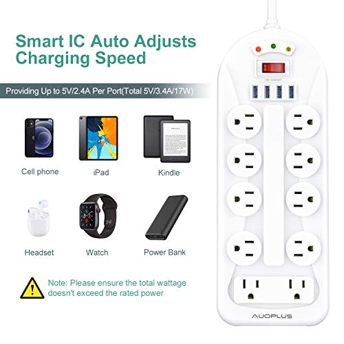 Surge Protector Power Strip with USB, 6ft Extension Cord, 10 Outlets and 4 USB Ports, AUOPLUS Mountable Power Strips… - Image 4