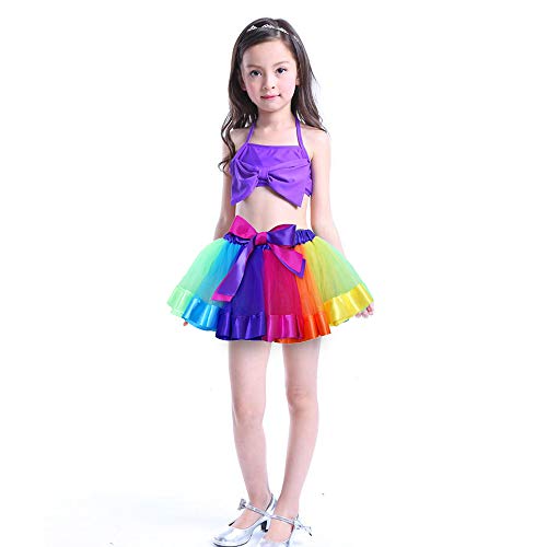 Layered Skirt Girls' Mini Rainbow Tutu Skirt Bow Dance Dress Colorful Ruffle Tiered Tulle (S/ 0-2 Years, A)