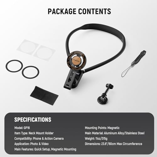 NEEWER Magnetic Neck Holder for Action Camera & Phone, Hands Free Tripod Chest Mount Compatible with GoPro DJI Insta360 Magsafe iPhone Android, Phone Holder for Video Recording POV Vlog, GP16