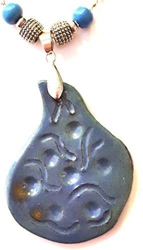 Mossy Cabin handmade unique design ceramic pendant in blue with silver chain and raised swirl design accented by wood and metal beads or use as car charm - adjustable length chain. Gift boxed!
