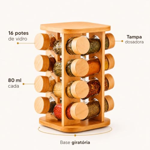 Porta Temperos Giratório 360° em Bambu com 16 Potes de Vidro 80ml, Base Quadrada – Organizador Premium para Cozinha