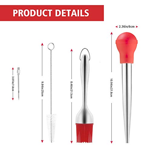 Turkey Baster Stainless Steel Spray Gun With Syringe,Baster for Cooking,5pcs Meat Injector Baster Syringe Needles -Cleaning Brush -Oil Stainless Steel Brushes (Red)