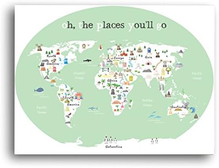 World Map Wall Art, Oh the Place You'll Go, Travel Map, World Map Print, Wall Art for Kids, Nursery Wall Art, Travel Decor, Kid's World Map, Childrens Room Decor, Graduation Gift, Green, 24x18