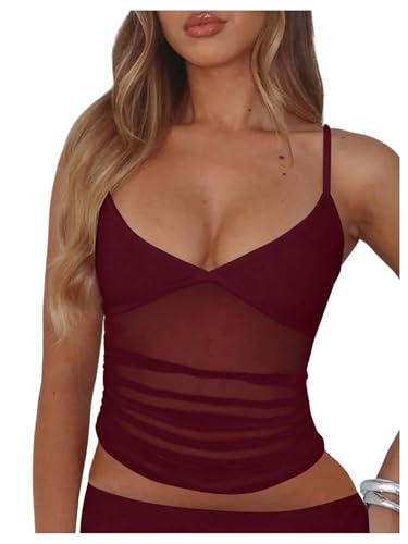 RoseSeek Women's Sheer Mesh Polka Dots Ruched Sexy Summer Cami Crop Tops at Amazon