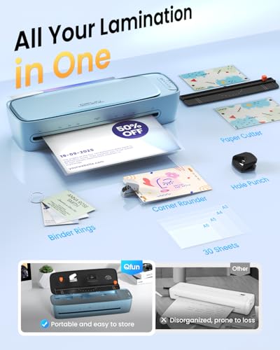 Qfun Laminator Machine 13 Inch Never Jam, 60S Fast Warm Up Thermal Cold Laminator for Teachers Schools, 9 in 1 Lamination Kit with 30 Laminating Sheets Portable 11x17 Laminate Machine for Home Office