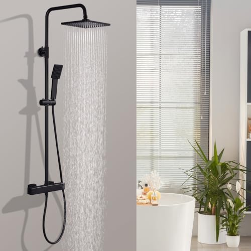 HOMELODY Shower System with Thermostat Black - Shower Fitting Stainless Steel Rain Shower with Fitting, Complete Set 2 Shower Head Safety Lock at 38 °C, Shower Fitting Black