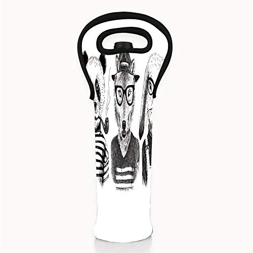 Neoprene Wine/Water Bottle tote bags, Animal,Hipster Panda Bear Cigar Fox and Rabbit Glasses in Human Clothes Illustration,Black Grey White,Fit for Champagne,Wine,Beer Bottles,Drinks