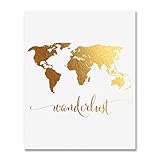 Wanderlust World Map Gold Foil Art Print Travel World Traveler Poster Modern Art Contemporary Metallic Wall Decor 5 inches x 7 inches A4