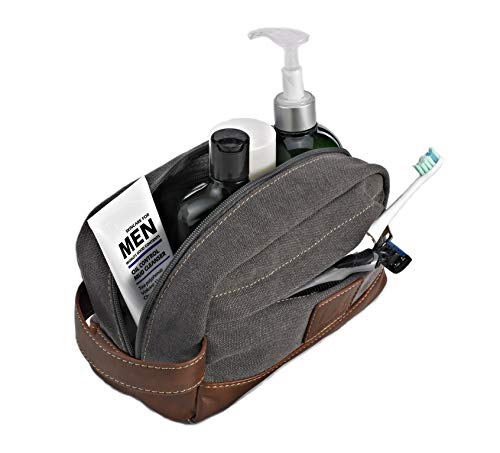 Toiletry Bag Travel Canvas Mens Leather Makeup Bag Organizer Cosmetic Bag Mens Shaving Bag Dopp Kits Large (Gray)