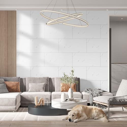 Vieshful 10 Adhesive Tiles 30 x 60 cm, Imitation Marble, Waterproof Adhesive Tiles for Kitchen, Bathroom, Living Room or TV Walls, White (Not Real Tiles)