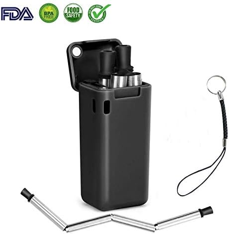 Siewad Upgraded Collapsible Reusable Straw with Case, Foldable Stainless Steel Straws Portable Drinking Straw with Case & Cleaning Brush & Keychain (Black)