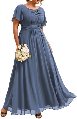 bridesmaid dresses for short and curvy Whimsical Square Short Sleeves Slit Chiffon Plus Size Bridesmaid Dress mollyevers.com