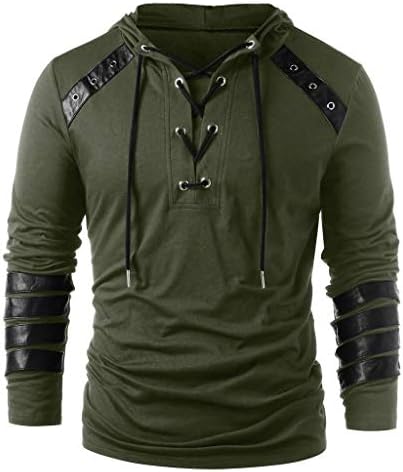 AmyDong Men's Long Sleeve Vintage Drawstring Leather Patchwork Chest Strap Adjustable Hooded Tops Winter Blouse