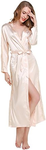 COOWALK Women's Long Kimono Robe, Solid Color (LaceChampagne)