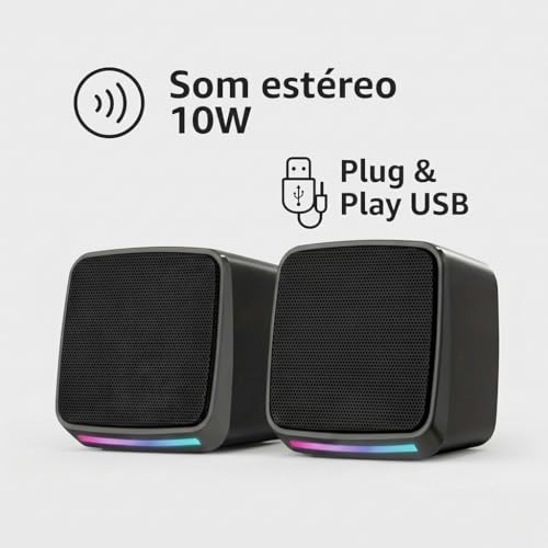 Caixa de Som PC Gamer 10W RMS Estéreo Som Potente com Iluminação LED RGB - para Smartphone, Notebook e Computador - Conexão USB/P2 com Controle de Volume Plug and Play