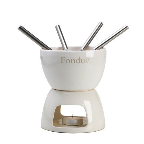 eBuyGB Ceramic Fondue Set - Chocolate and Cheese 4 People Dipping Bowl Set (White)