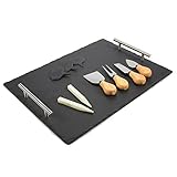 Cheese Board Set - 10 Piece Charcuterie Board and Cheese Tools, Cheese and Meat Board with 4 Knife Tools, 2 Chalk Pens, 3 Cheese Markers, Black - 15.7 x 0.3 x 12.9 Inches