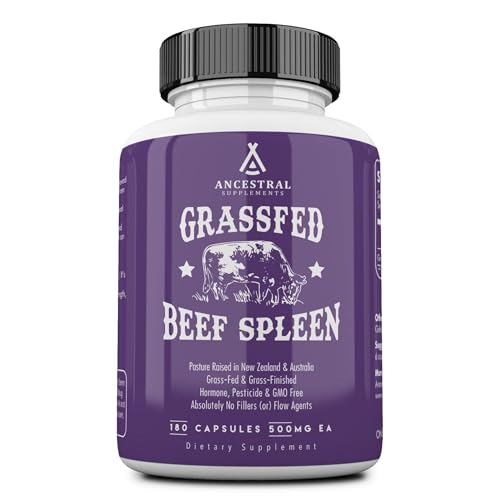 Ancestral Supplements Grass Fed Beef Spleen Supplement, 3000mg Beef Organ Spleen Support Formula Promotes Digestive, Immune, Iron, Energy and Allergy Health, Non GMO, 180 Capsules