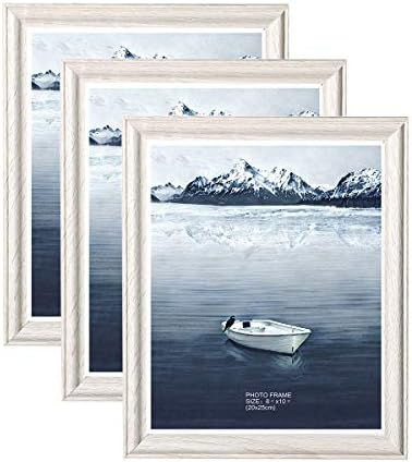 Metrekey 8x10 Picture Frames 3 Pack Cream White WoodGrain Photo Frames with GLASS Front for Wall Mount & Table Top Display Ivory white