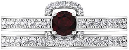 1 CT ガーネットリング HI-SI ダイヤモンドクラスターバンド、ブライダルリングセット、サイドストーン付きソリティアリング、ゴールドブライダルジュエリー, 14K ホワイトゴールド, Size: 20