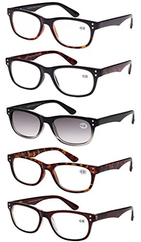 Eyecedar 5-Pack Metal Spring Hinges Reading Glasses Mens Wayfarer Style Five Color Packaging Plastic Material Includes 5-Cloth Pouch And Grey Lens Sun Reader Reading Glasses +3.50