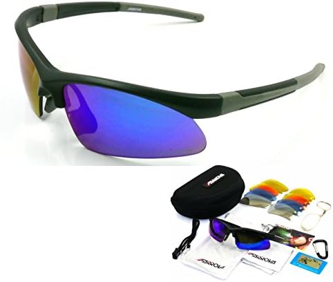 FARROVA - FK1054 POLARIZED Sports Sunglasses with 5 Set Interchangeable Lenses (Main Lenses are Polarized PC Lenses with REVO plated Film at the front &amp; AR Plated Film at the back, REVO Plated Colorful Film Dark Lens, Yellow Lenses for Night Vision, Blue Transparent Lenses and Crstal Clear Lenses) for Cycling, Fishing, Driving, Golf, Running and All Outdoor Activities, Shatterproof Flexible Unbreakable TR90 Frame with Built-in Optical Frame is Optional for Myopia, Matte Black Frame