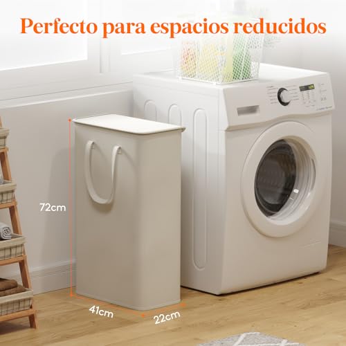 Cesto Ropa Sucia Estrecho con Tapa, Cesta Ropa Sucia con Asas Extendidas, Cesta de Almacenamiento, Cubo Ropa Sucia Pequeño Plegable para Baño, Dormitorio, Lavadero, 65 L, Blanco