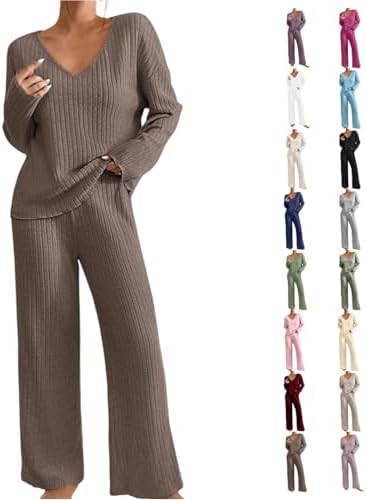 Lounge Wear Sets for Women UK 2 Piece Outfits Ribbed Pyjamas ladies tracksuit Full set V-Neck Long Sleeve Tops and Wide Leg Pants